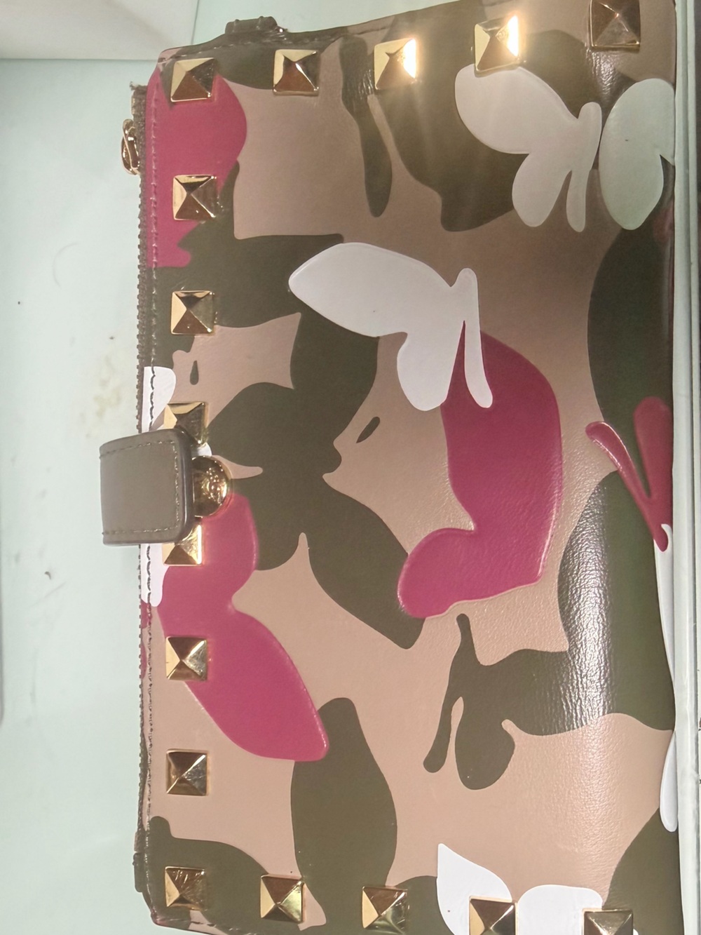 Michael Kors Butterfly Camo Studded Smartphone Wallet -Olive Green, Pink, White
